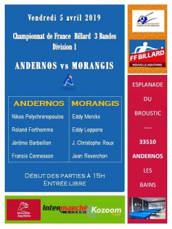 CARAMBOLE - CHAMPIONNAT DE FRANCE 3 BANDES D1 RENCONTRE ANDERNOS / MORANGIS