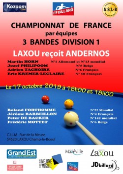 CARAMBOLE - CHAMPIONNAT DE FRANCE 3 BANDES D1 RENCONTRE LAXOU / ANDERNOS