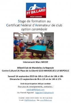 FORMATION AU CERTIFICAT FÉDÉRAL D'ANIMATEUR DE CLUB OPTION CARAMBOLE EN MEDITERRANEE